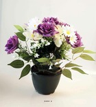 Composition fleurs artificielles pour cimetière pot roses, marguerites et orchid