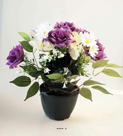 Composition fleurs artificielles pour cimetière pot roses, marguerites et orchidées H 39 cm D 35 cm - couleur: Pourpre-crème