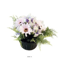 Composition fleurs artificielles pour cimetière vasque lys et gerberas H 28 cm D 32 cm Lavande - couleur: Lavande