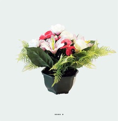 Composition fleurs artificielles pour cimetière vasque roses, lys et pensées H 28 cm D 32 cm Crème - couleur: Crème
