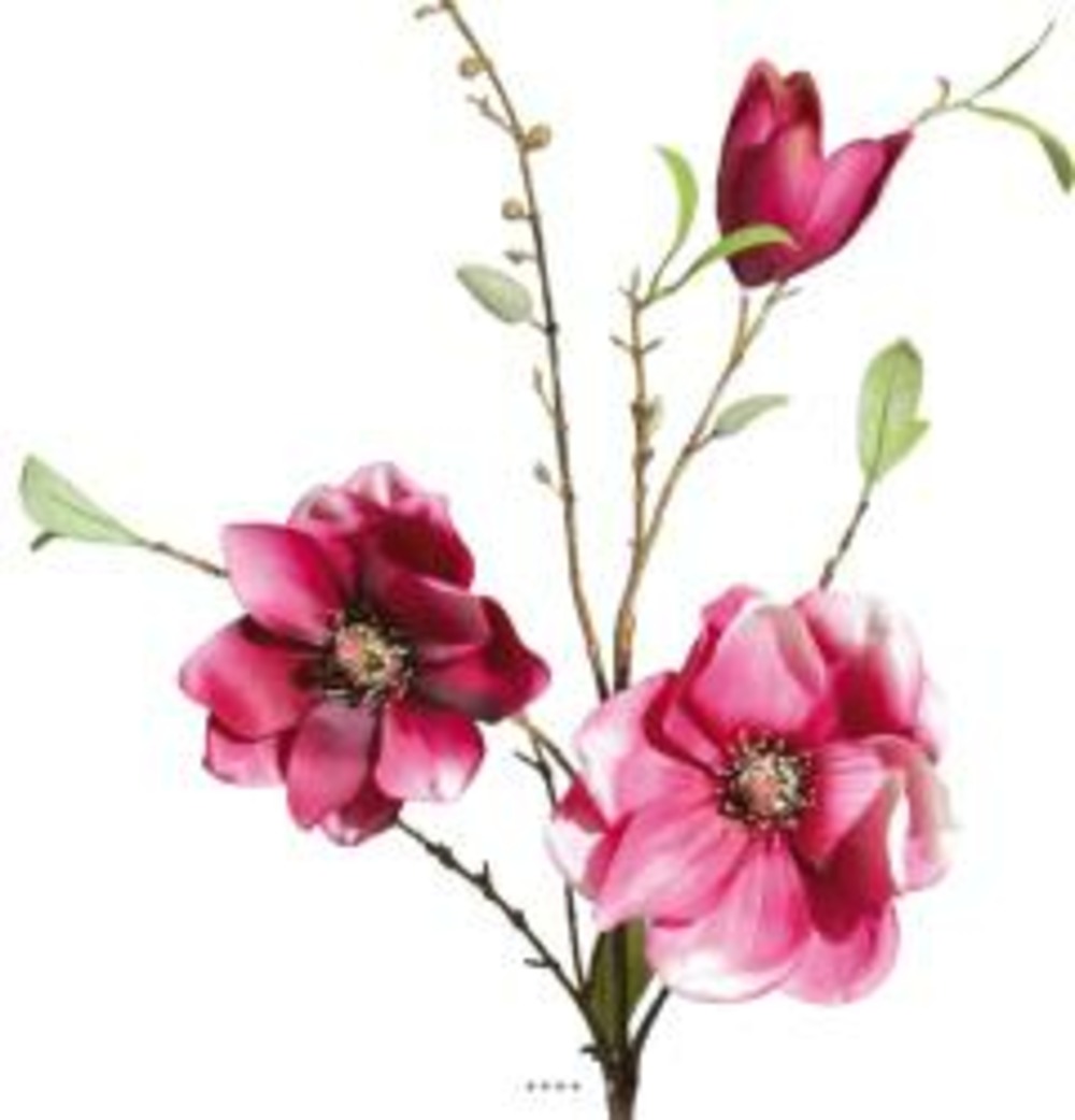 Magnolia artificiel h 90 cm fuchsia en branche 2 fleurs et 1 bouton - couleur: r