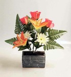 Composition fleurs artificielles pour colombarium pot imitation pierres H 32 cm L 25 cm Rose-orange