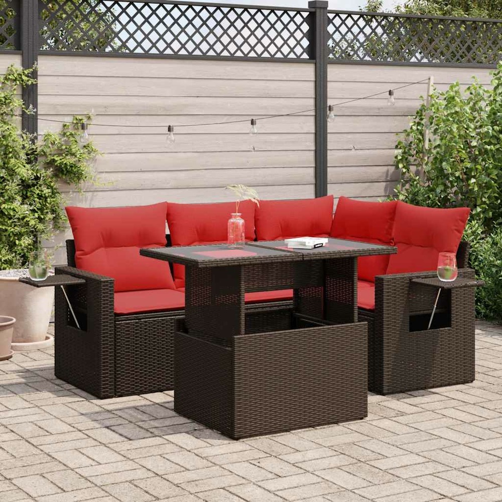 Salon de jardin 5 pcs avec coussins marron résine tressée acacia