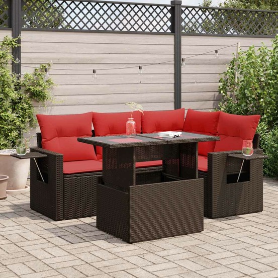 Salon de jardin 5 pcs avec coussins marron résine tressée acacia