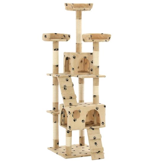 Grand arbre à chat 170 cm sisal 2 niches motif pattes beige