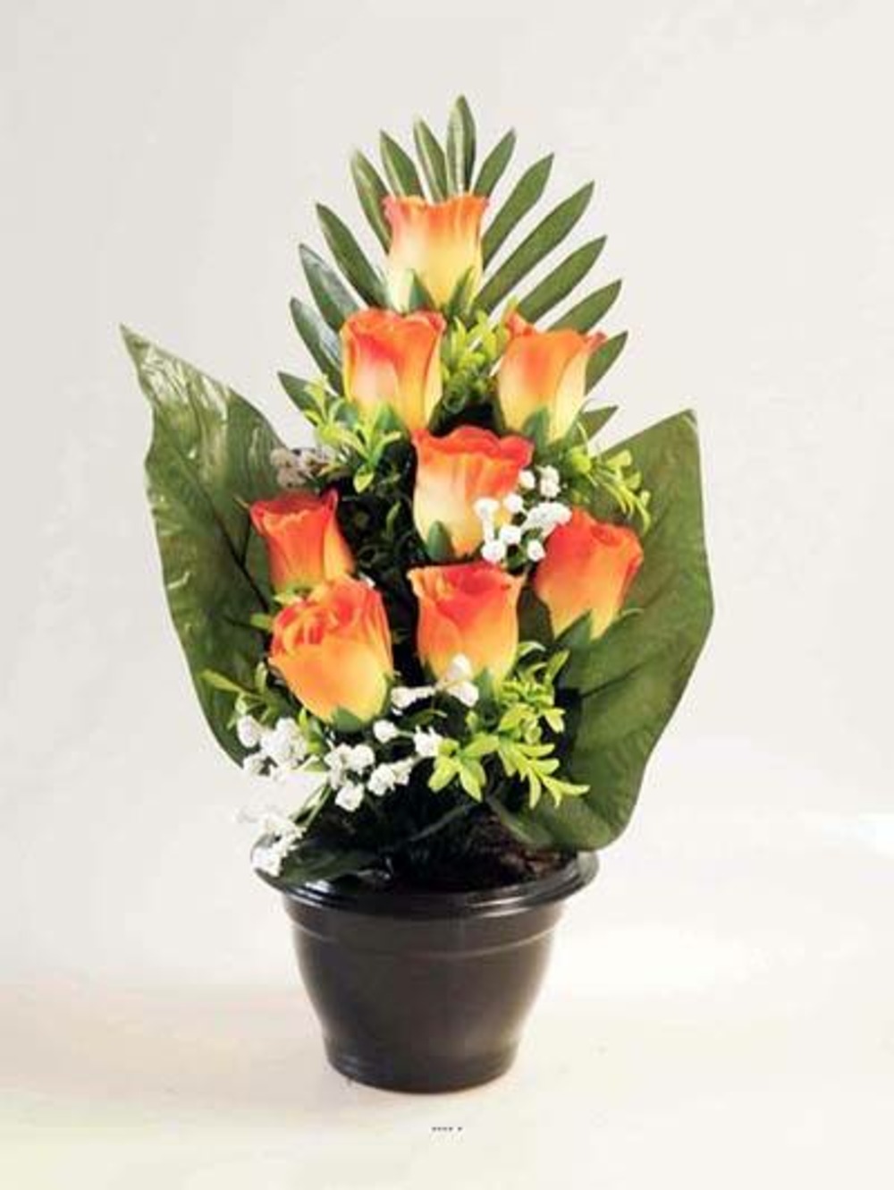 Composition fleurs artificielles pour cimetière pot roses et gypsophiles H  38 cm D 25 cm Orange | Truffaut