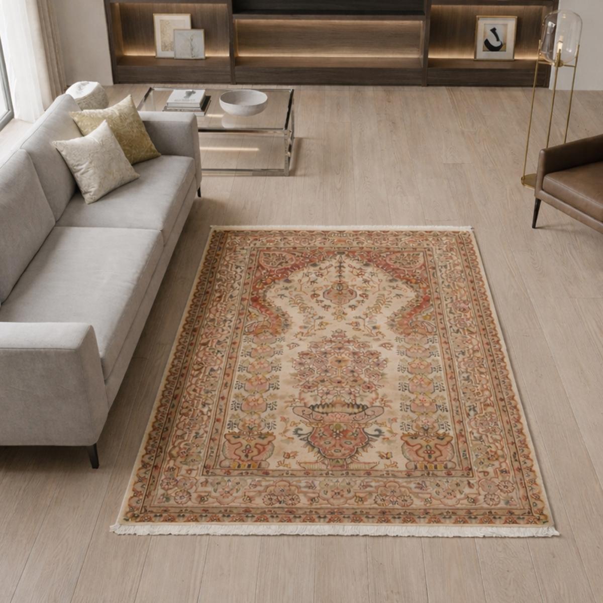 Authentique tapis d'orient 125x175 fait main en soie beige jihangir 52