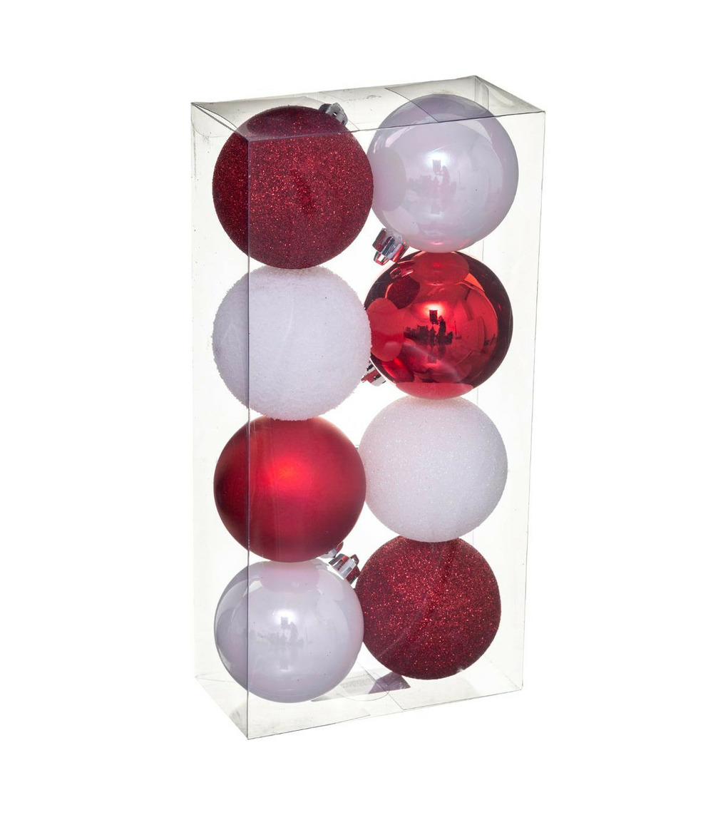 Déco de sapin lot de 8 boules de noël d 7 cm - blanc et rouge
