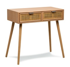 Console table scandinave en bois avec 2 tiroirs marron rotin/cannage