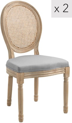 Lot de 2 chaises classiques medaillon bois dossier cannage rotin tissu gris