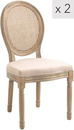 Lot de 2 chaises classiques medaillon bois dossier cannage rotin tissu beige
