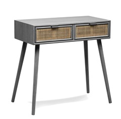 Console table scandinave en bois avec 2 tiroirs gris rotin/cannage