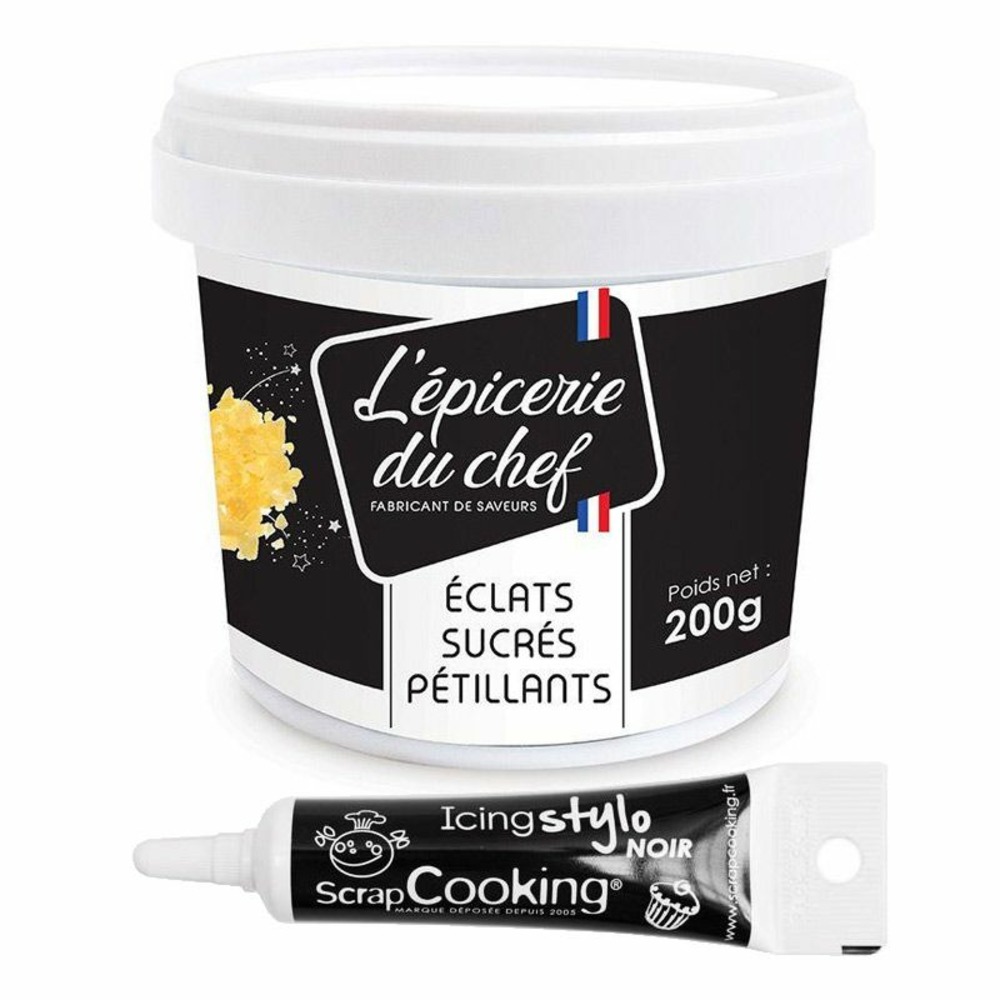 Eclats sucrés pétillants 200 g + stylo de glaçage noir