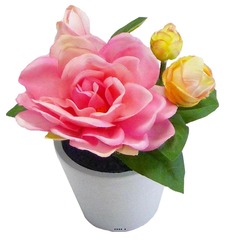 Roses artificielles en pot blanc h 14 cm composition adorable rose - couleur: ro
