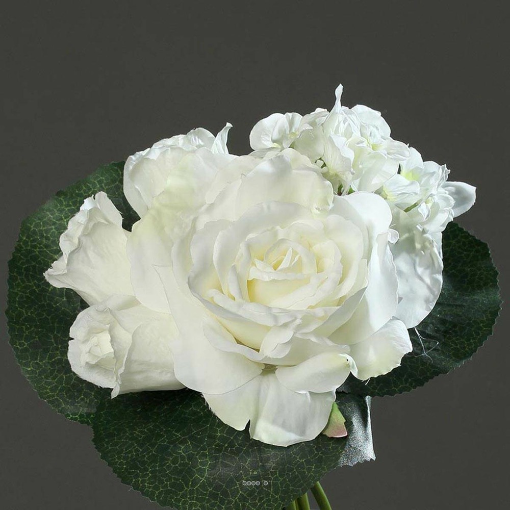 Bouquet varié de roses et pivoine factices avec feuilles h25cm crème - couleur: