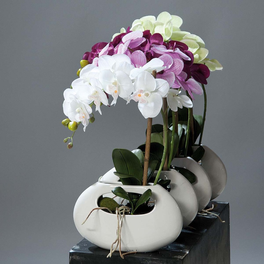 Orchidee artificielle crème 1 hampe pot ceramique blanc oval h 43 cm - couleur: