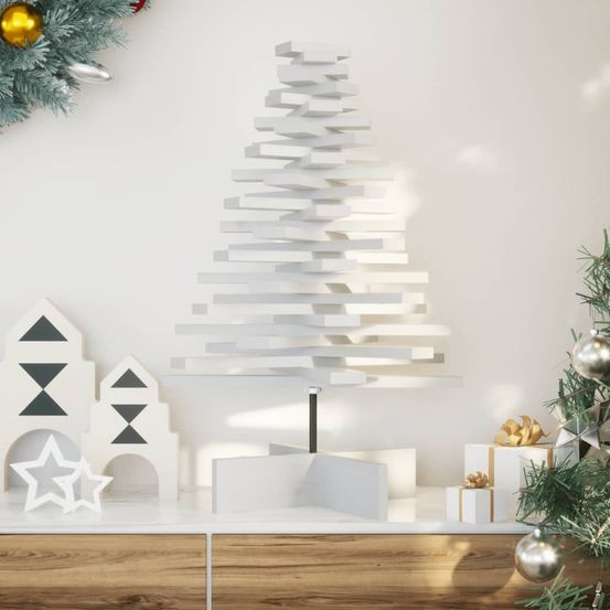 Sapin de noël en bois massif de pin rotatif pour décoration 80 cm blanc