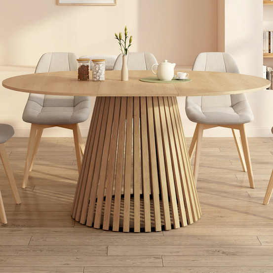 Table à manger extensible ronde carmen 4-8 personnes pied bois en lattes et plateau bois 110 - 150 cm