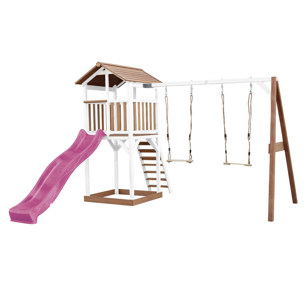 Axi beach tower aire de jeux avec toboggan en violet, 2 balançoires & bac à