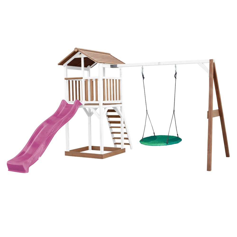 Axi beach tower aire de jeux avec toboggan en violet, balançoire nid d'oiseau