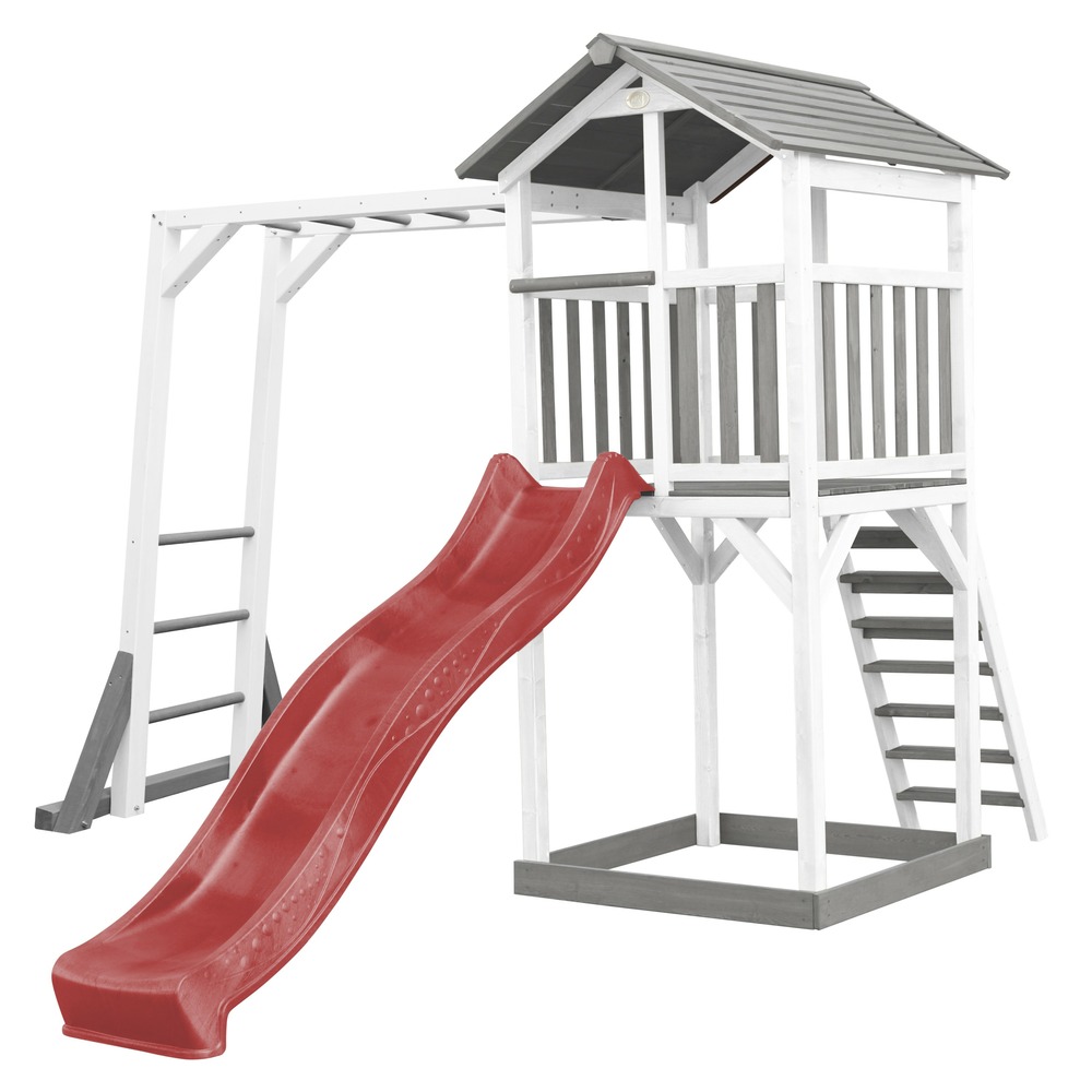 Axi beach tower aire de jeux avec toboggan en rouge, cadre d'escalade & bac à