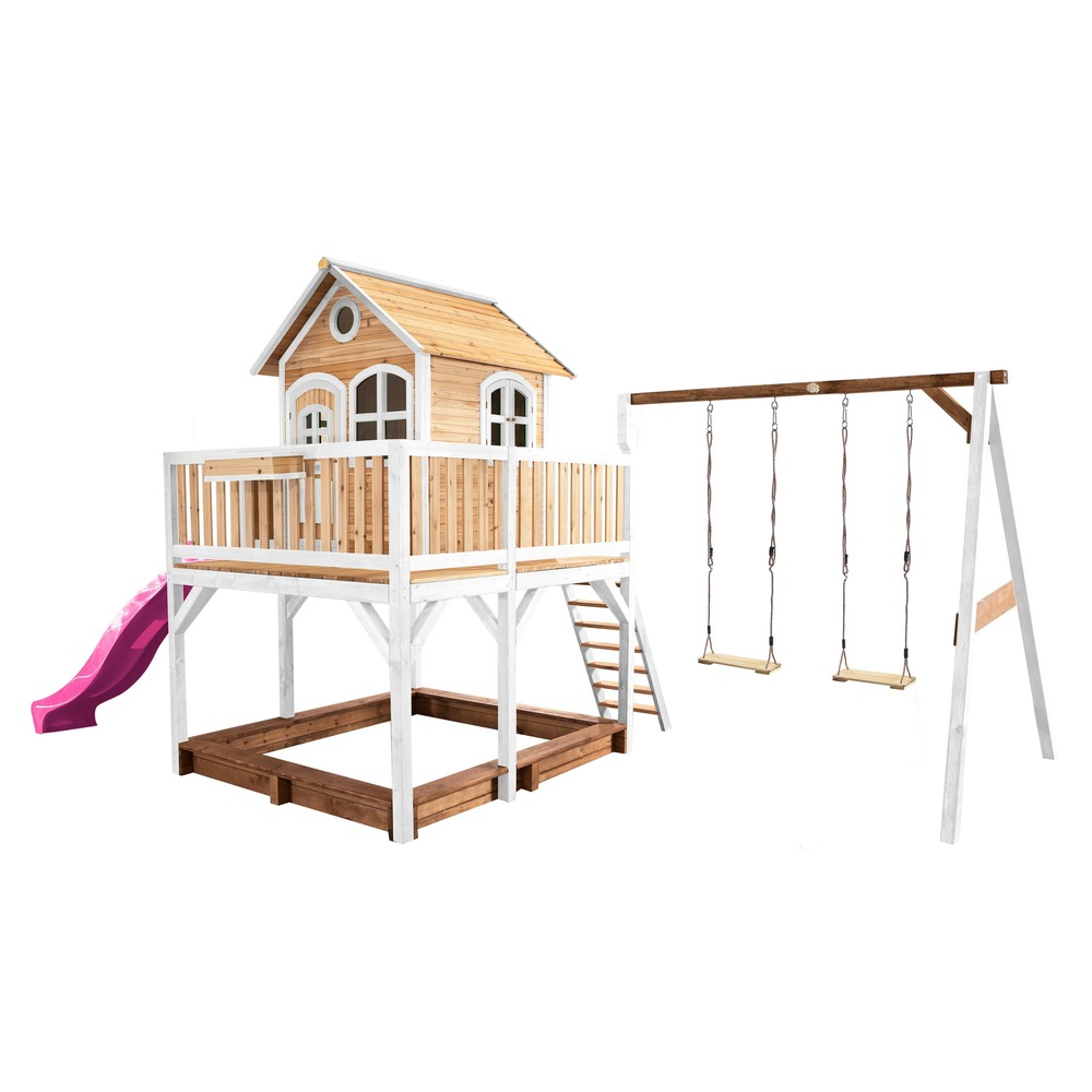 Axi liam maison enfant avec bac à sable, 2 balançoires & toboggan violet
