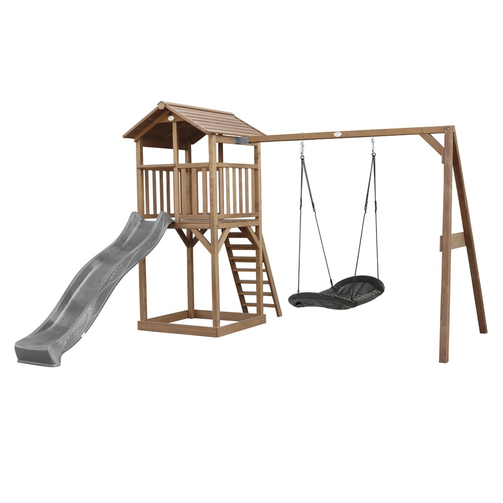 Axi beach tower aire de jeux avec toboggan en gris, balançoire nid d'oiseau