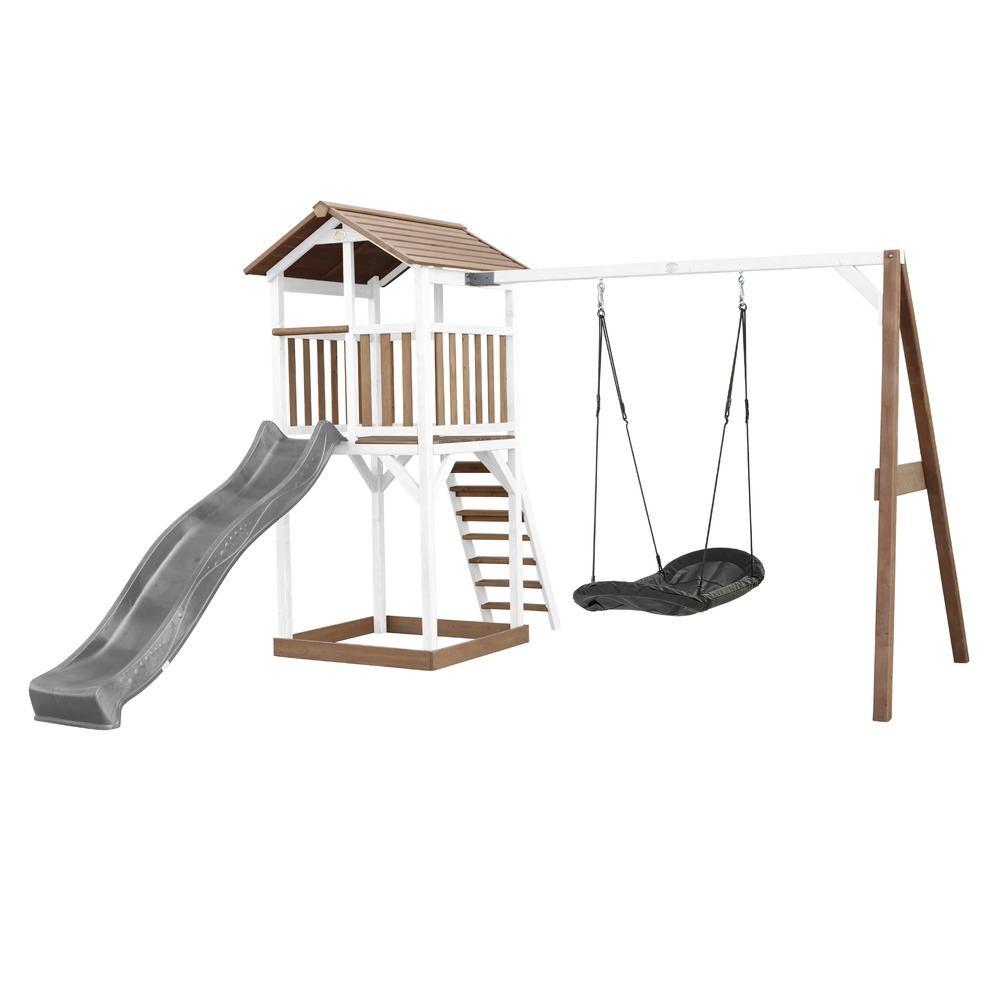 Axi beach tower aire de jeux avec toboggan en gris, balançoire nid d'oiseau