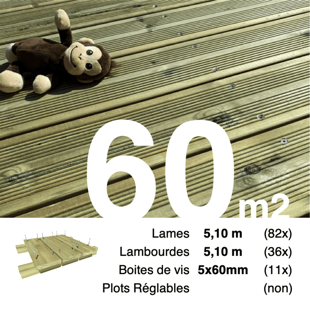 Kit terrasse pin autoclave vert pour 60 m², lames 5,1 m, lambourdes 5,1 m et visserie inox.