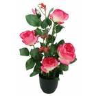 Rosier artificiel, 4 fleurs, 1 bouton de rose, h.50cm, rose - savana