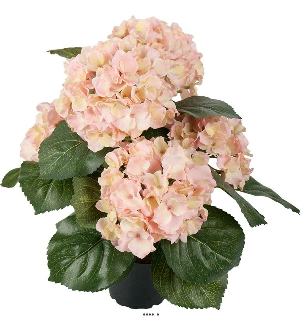 Hortensia en pot artificiel lesté h 40 cm 5 superbes têtes rose-crème - couleur: