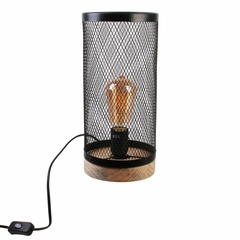 Lampe cylindre grille en mÃ©tal noir et bois
