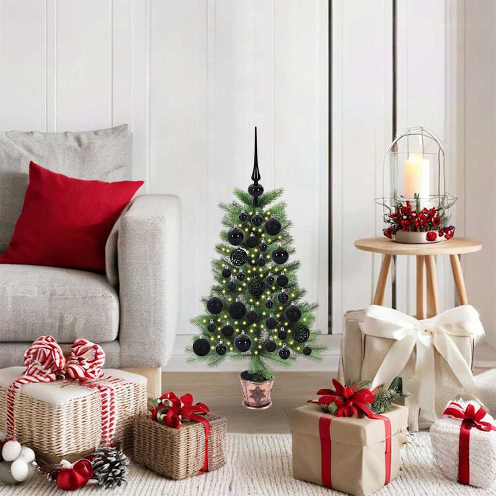 Sapin conique vert 65 cm pré-décoré et lumineux, avec 150 led et 61 boules, pour intérieur