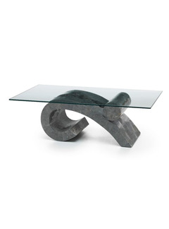 Table basse avec base en pierre et étagère en verre trempé