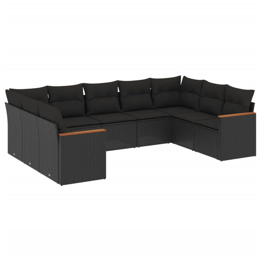 Salon de jardin 9 pcs avec coussins noir résine tressée