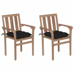 Chaises de jardin 2 pcs avec coussins noir bois de teck massif