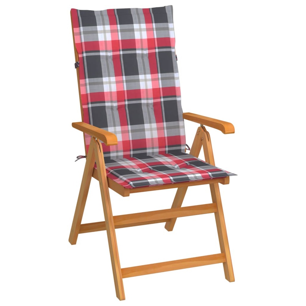 Chaise de jardin avec coussins à carreaux rouge bois de teck