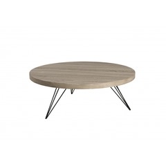 Table basse ronde plateau en bois gris pieds en métal noir d90