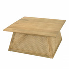 Table basse carrée brune en bois de manguier et cannage naturel