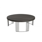 Table basse ronde avec plateau en bois gris foncé et pieds métalliques noirs d95