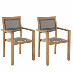 Set de 2 fauteuils de jardin empilables en teck et textilène de couleur taupe.