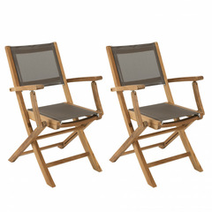 Set de 2 fauteuils de jardin pliables en teck et textilène de couleur taupe.