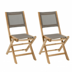Set de 2 chaises de jardin pliantes en teck et textilène de couleur taupe.