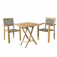 Salon de jardin en bois de teck 2 pers  1 table carrée pliante 70 cm 2 fauteuils