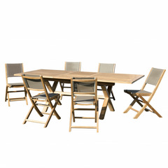 Salon de jardin bois teck 8/10 pers- 1 table rect ext  - 6 chaises textilène