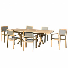 Salon de jardin en bois de teck 8/10 pers - 1 table rect ext 6 fauteuils