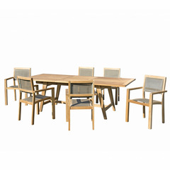 Salon de jardin en bois de teck 8/10 pers. 1 table rect 6 fauteuils empilables