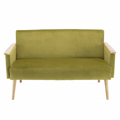 Canapé 2 places en velours vert clair avec pieds et accoudoirs en bois