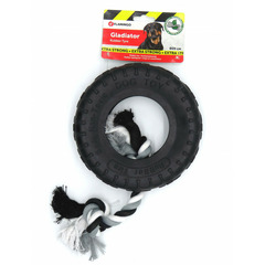 Jouet caoutchouc gladiator pneu et corde 20 cm noir pour chien