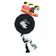Jouet caoutchouc gladiator pneu et corde 15 cm noir pour chien